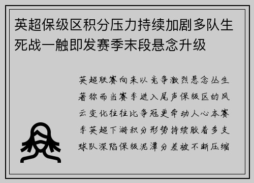 英超保级区积分压力持续加剧多队生死战一触即发赛季末段悬念升级 英超保级区积分压力持续加剧多队生死战一触即发赛季末段悬念升级